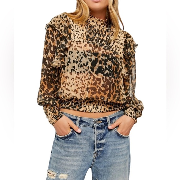 Free People Leo combo leopard print long sleeve sheer blouse size M NWOT - Picture 1 of 15